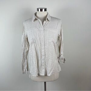 Jones New York Tan White Stripe Collared Long Sleeve Button Down Shirt Top